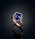 Sterling Silver Rose Gold Clove with Blue Crystal Ring L