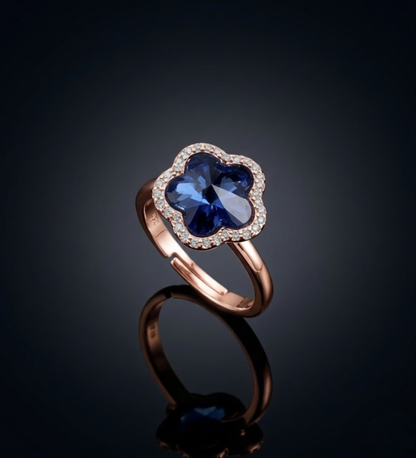 Sterling Silver Rose Gold Clove with Blue Crystal Ring L
