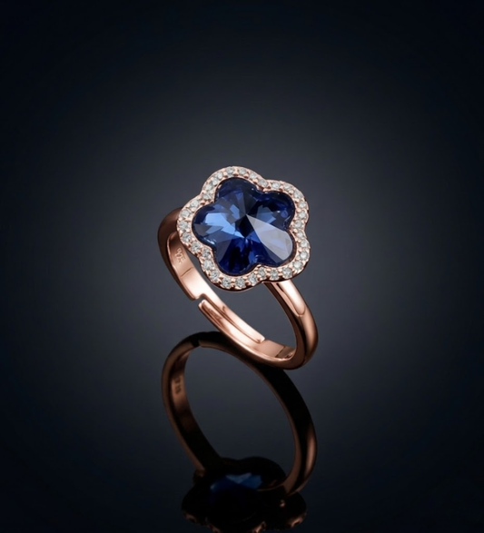 Sterling Silver Rose Gold Clove with Blue Crystal Ring L