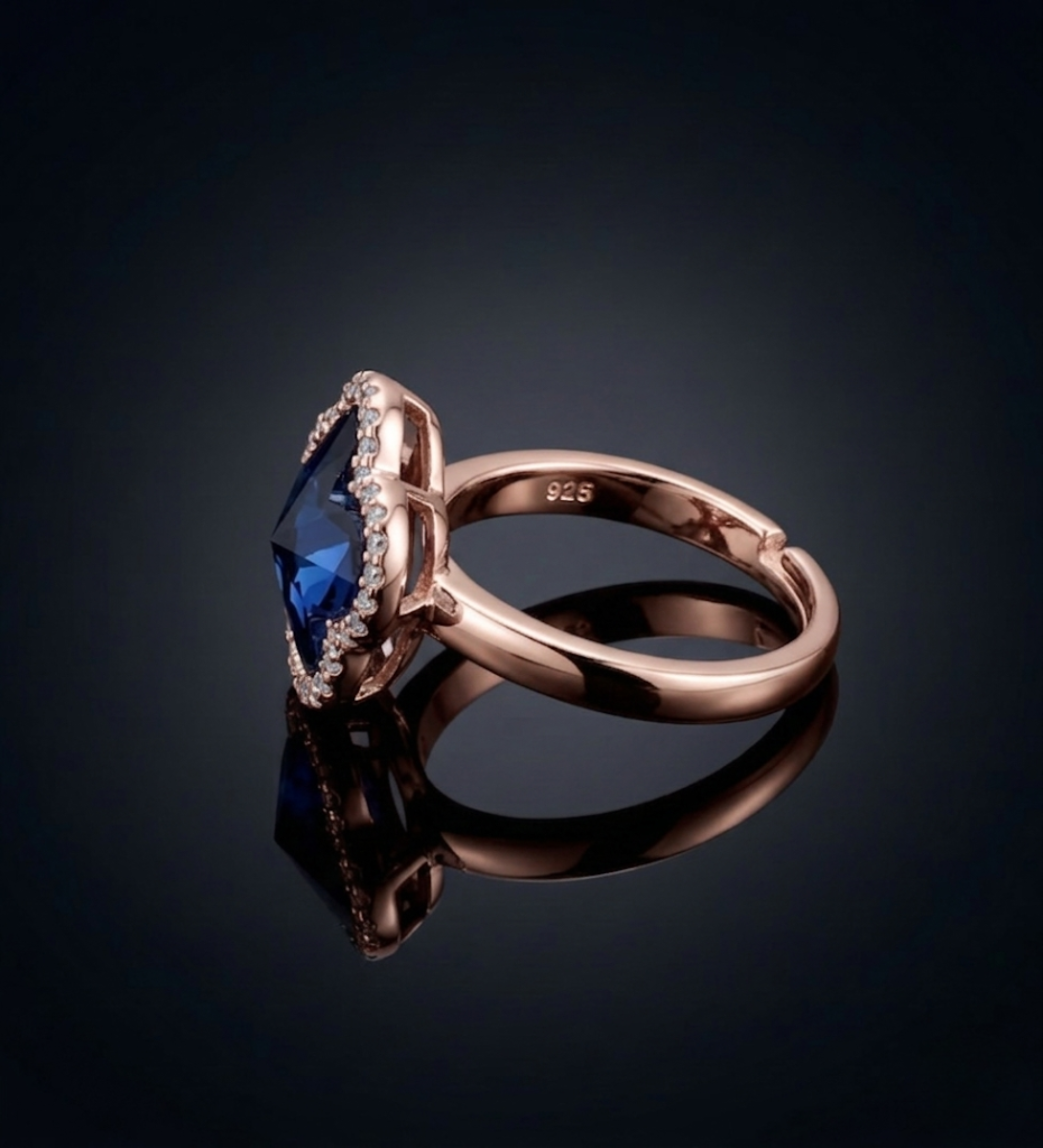 Sterling Silver Rose Gold Clove with Blue Crystal Ring L