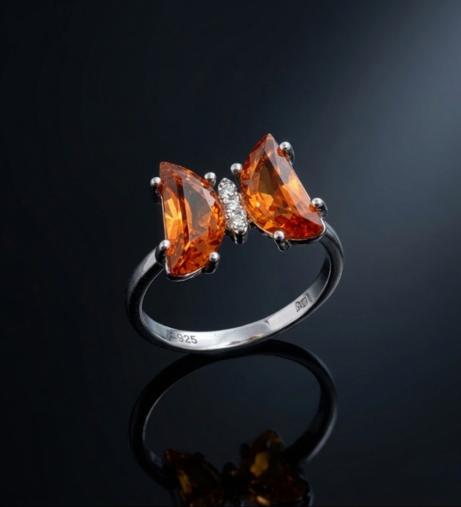 925 Sterling Silver Butterfly Orange Colour Stone Ring