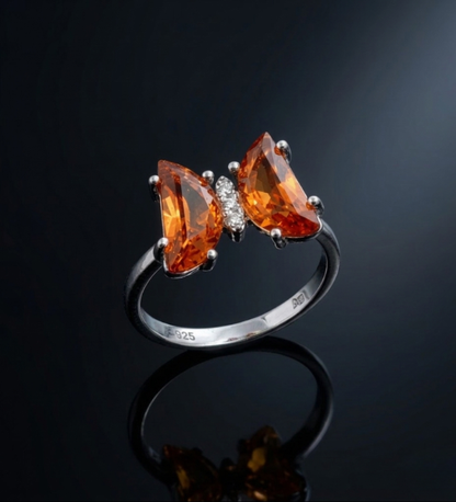 925 Sterling Silver Butterfly Orange Colour Stone Ring