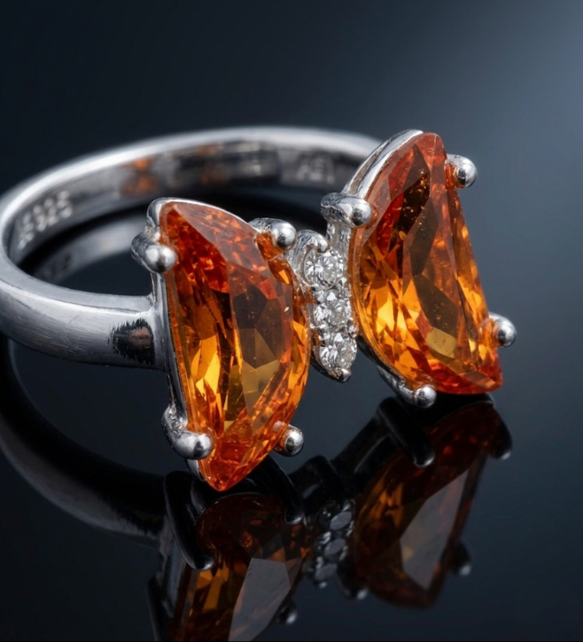 925 Sterling Silver Butterfly Orange Colour Stone Ring