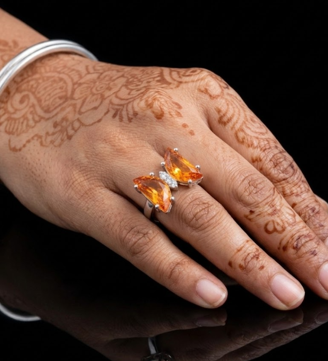 925 Sterling Silver Butterfly Orange Colour Stone Ring
