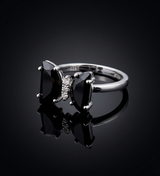 925 Sterling Silver Butterfly Black Colour Stone Ring