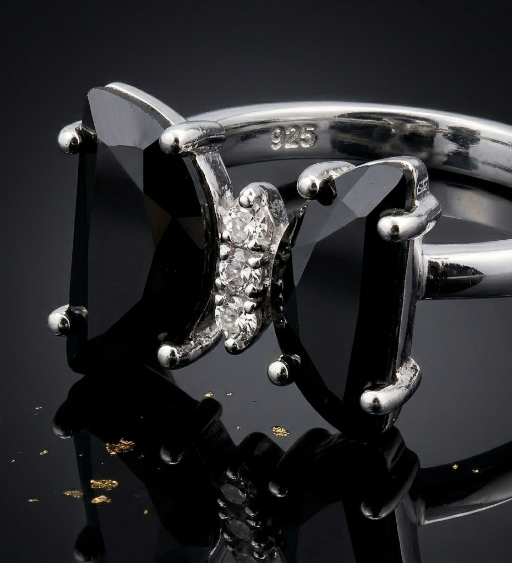 925 Sterling Silver Butterfly Black Colour Stone Ring