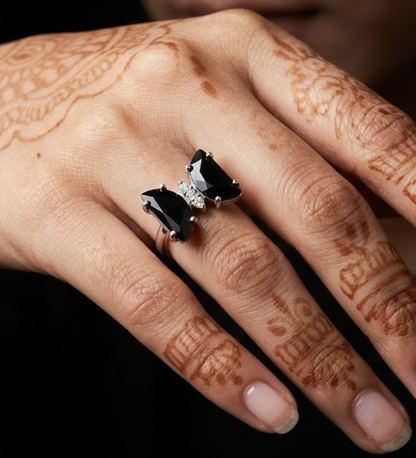 925 Sterling Silver Butterfly Black Colour Stone Ring