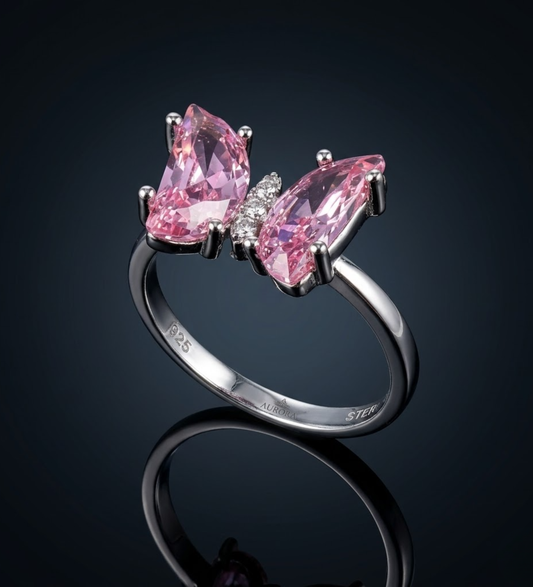 925 Sterling Silver Butterfly Pink Colour Stone Ring