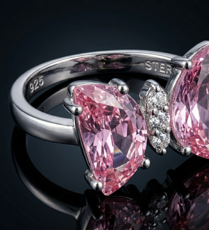 925 Sterling Silver Butterfly Pink Colour Stone Ring