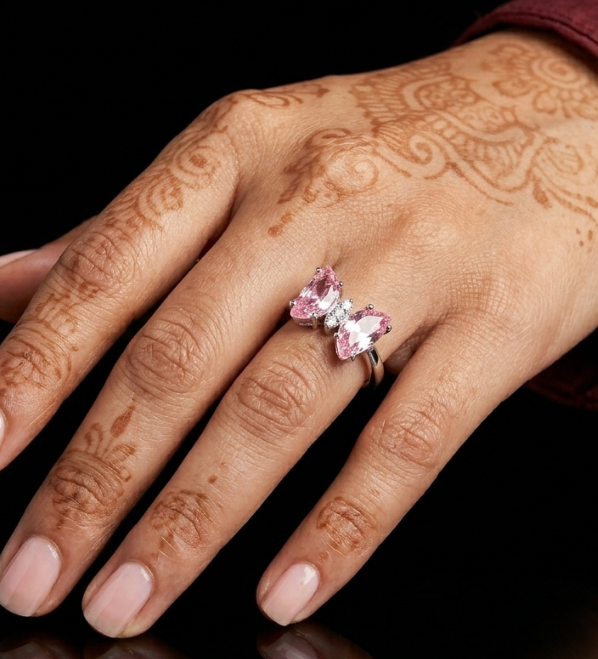 925 Sterling Silver Butterfly Pink Colour Stone Ring
