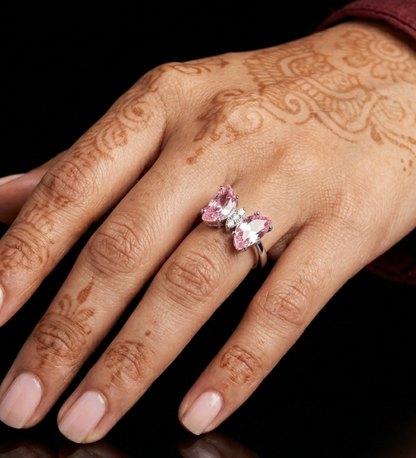 925 Sterling Silver Butterfly Pink Colour Stone Ring