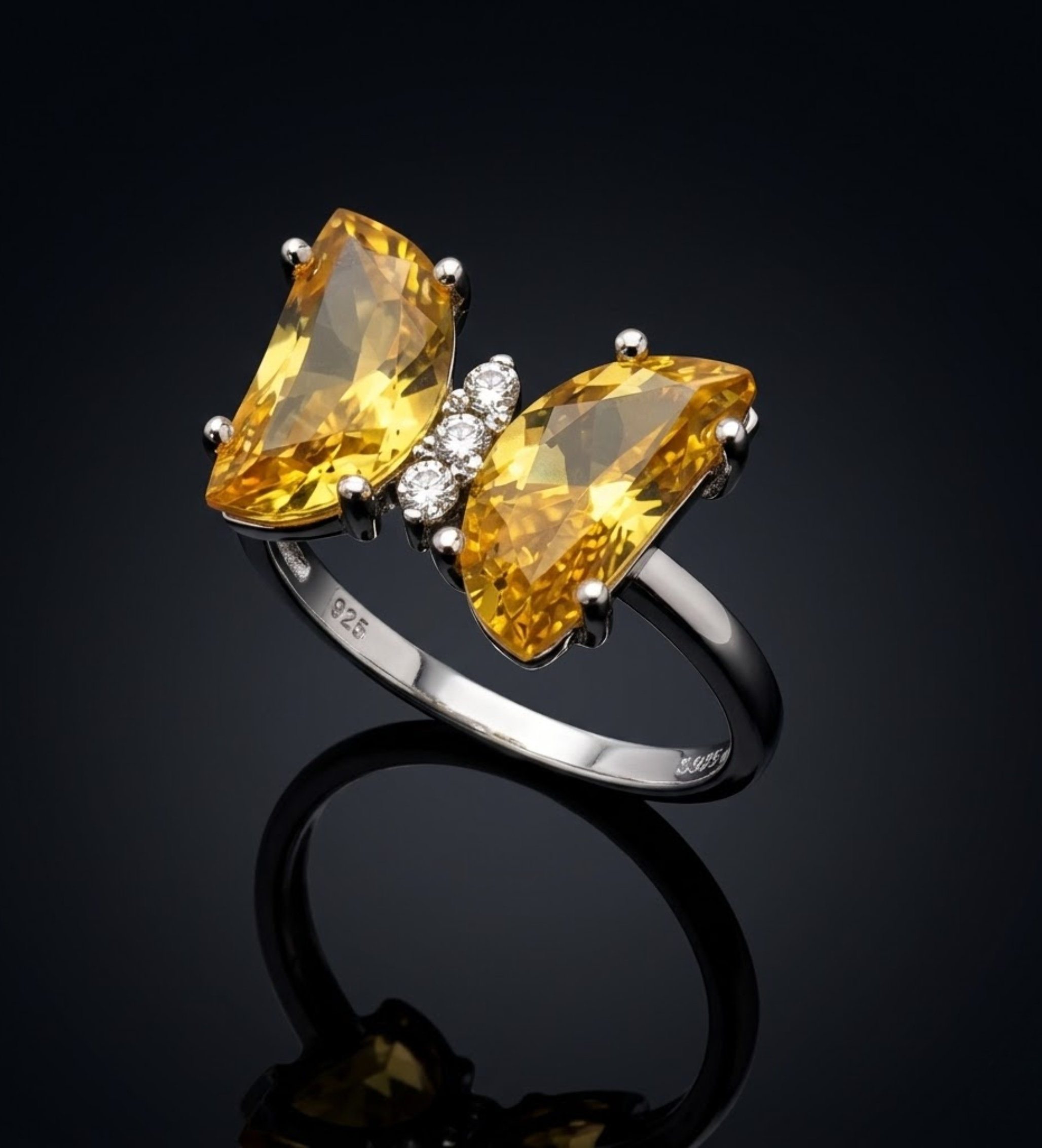 925 Sterling Silver Butterfly Yellow Colour Stone Ring