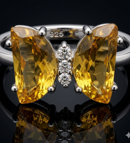925 Sterling Silver Butterfly Yellow Colour Stone Ring