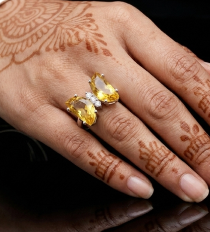 925 Sterling Silver Butterfly Yellow Colour Stone Ring