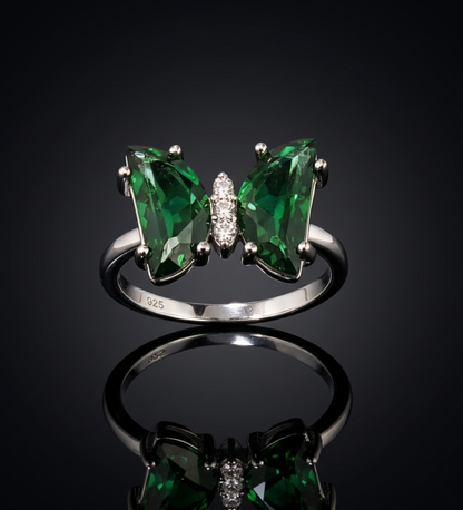 925 Sterling Silver Butterfly Green Colour Stone Ring