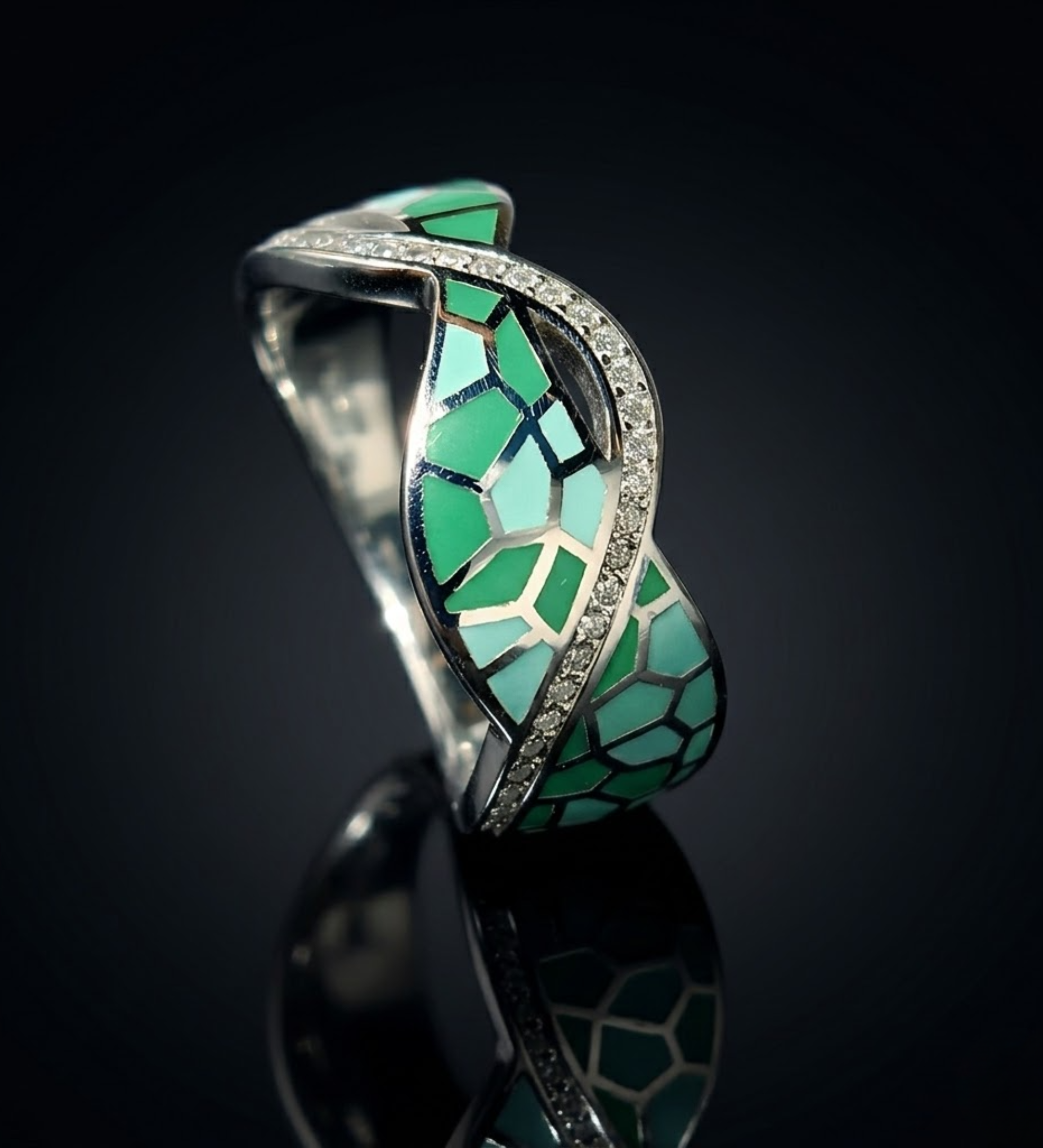 925 Sterling Silver Green Enamel CZ Premium Ring