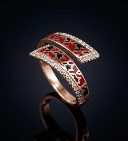 925 Sterling Silver with Rose gold Red & Black Enamel CZ Premium Ring