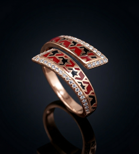925 Sterling Silver with Rose gold Red & Black Enamel CZ Premium Ring
