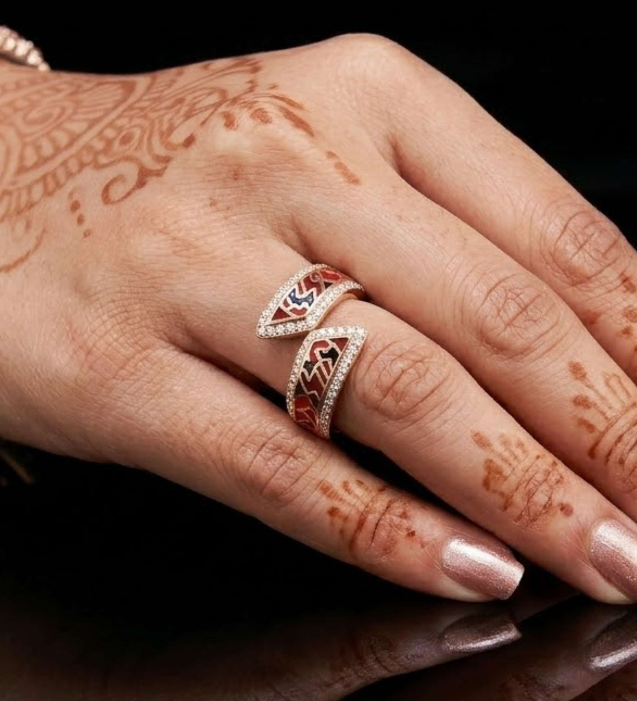 925 Sterling Silver with Rose gold Red & Black Enamel CZ Premium Ring