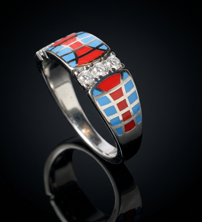 925 Sterling Silver Red & Blue Enamel CZ Premium Ring