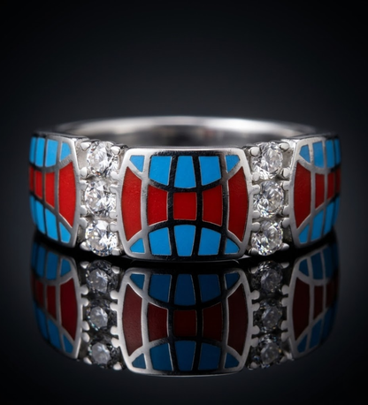 925 Sterling Silver Red & Blue Enamel CZ Premium Ring
