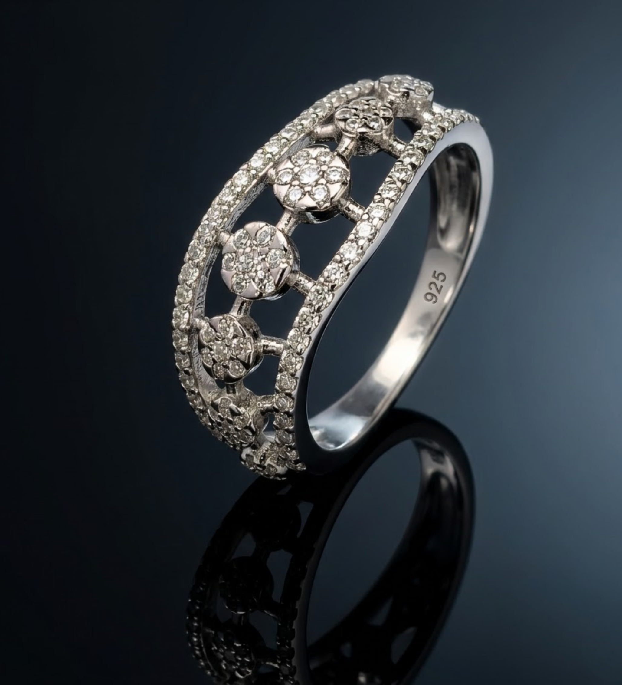 925 Sterling Silver Floral Openwork Band Ring