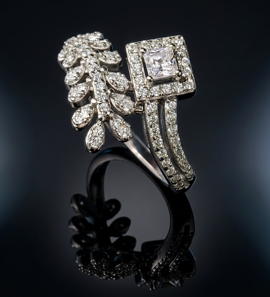 925 Sterling Silver Leaf Design with Square Center Stone CZ Ring