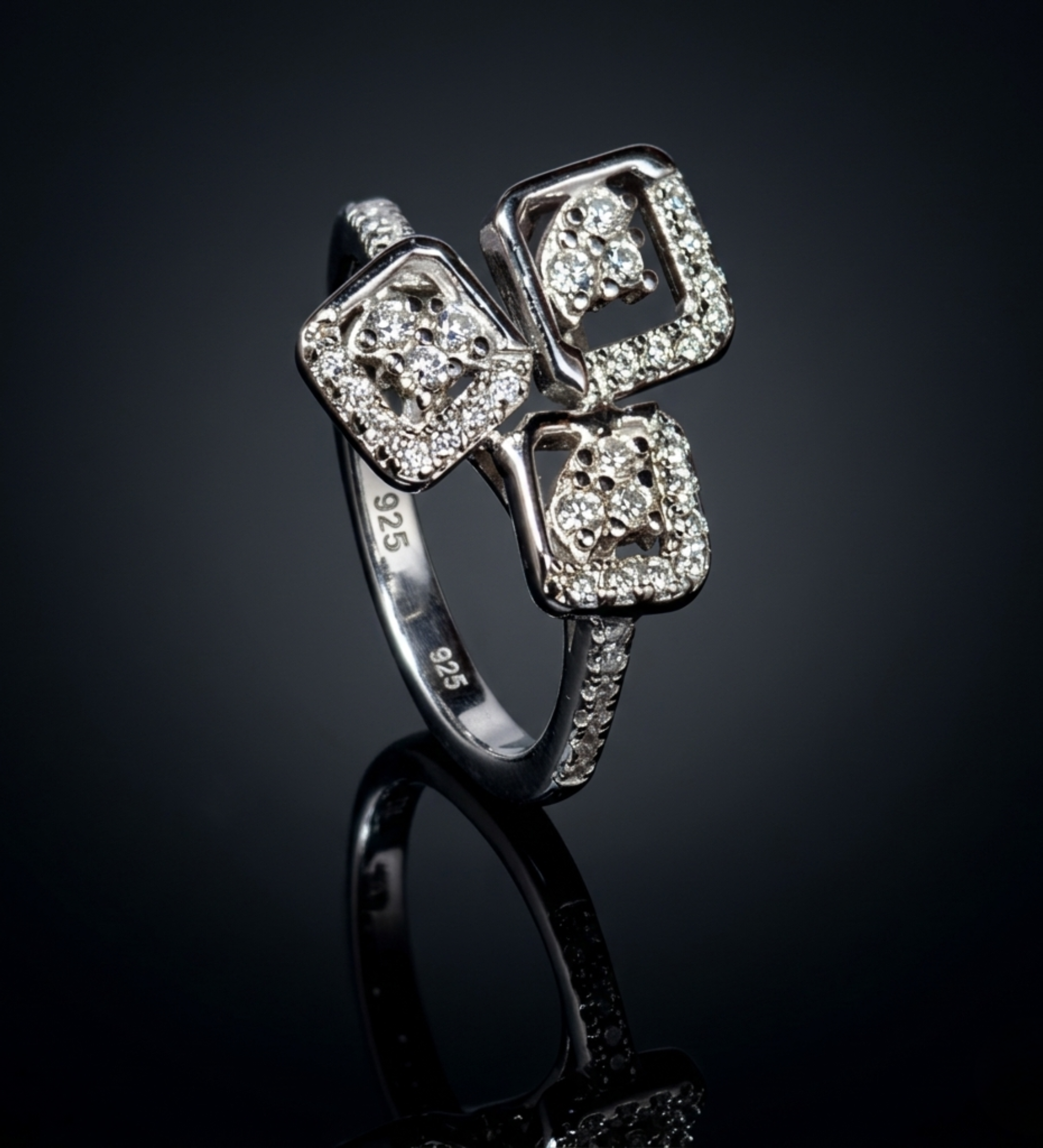 925 Sterling Silver Triple Square Cluster CZ Ring