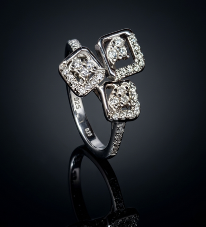 925 Sterling Silver Triple Square Cluster CZ Ring