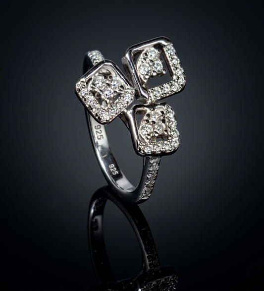 925 Sterling Silver Triple Square Cluster CZ Ring