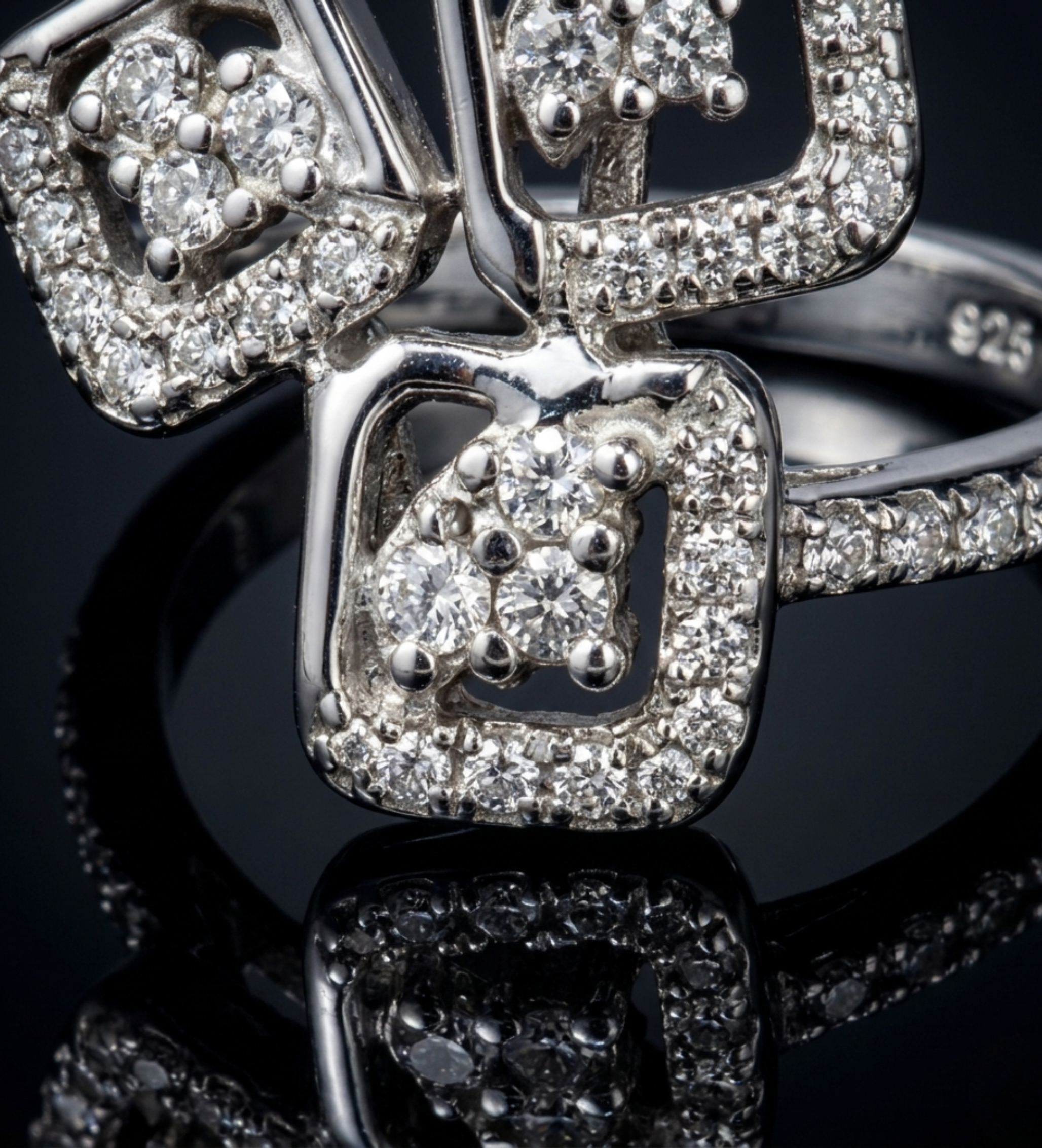 925 Sterling Silver Triple Square Cluster CZ Ring