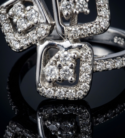 925 Sterling Silver Triple Square Cluster CZ Ring