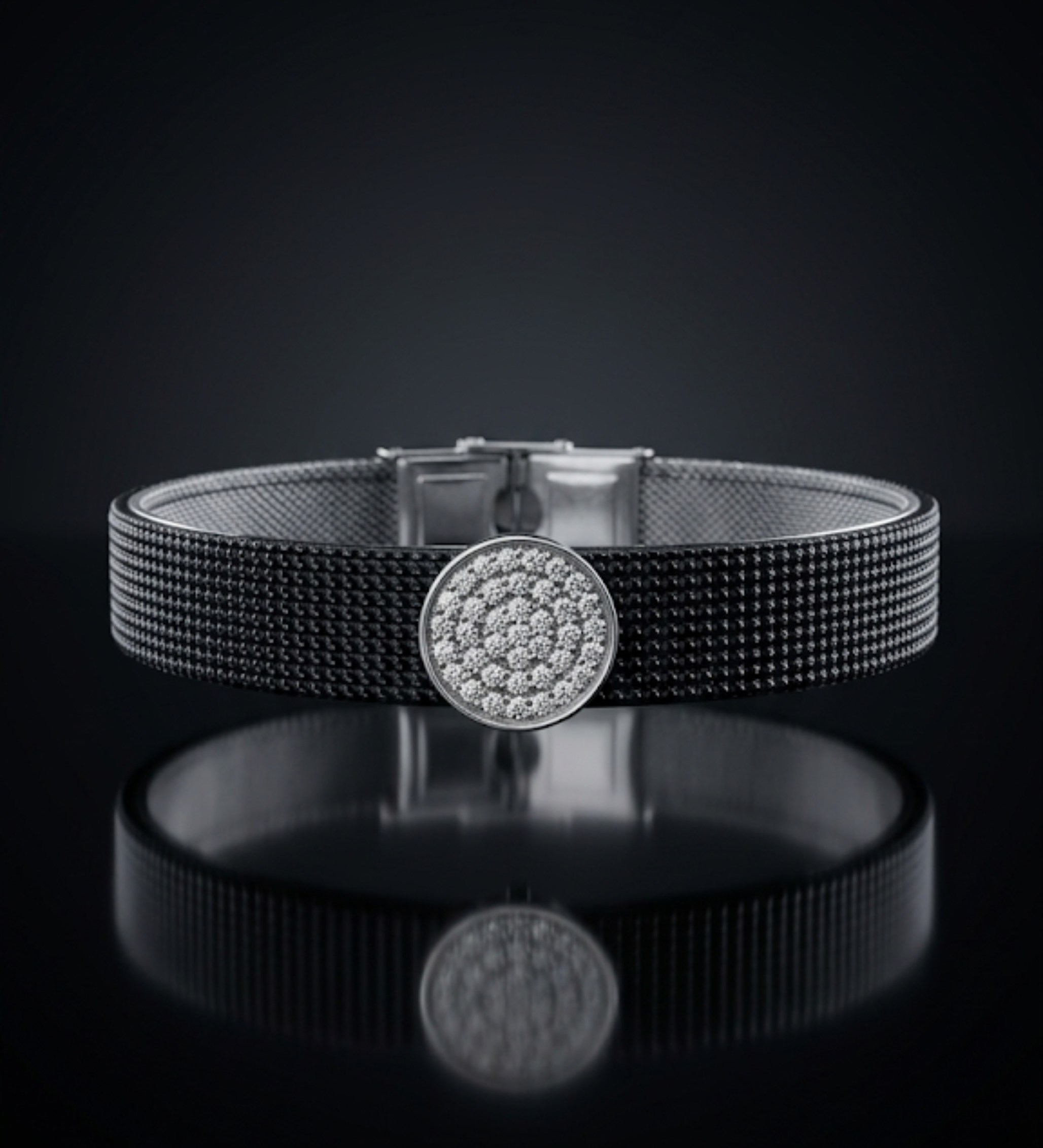 Round Pave Charm Mesh Bracelet 925 Sterling Silver