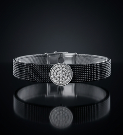 Round Pave Charm Mesh Bracelet 925 Sterling Silver