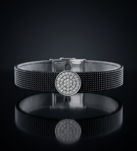 Round Pave Charm Mesh Bracelet 925 Sterling Silver