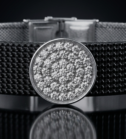 Round Pave Charm Mesh Bracelet 925 Sterling Silver