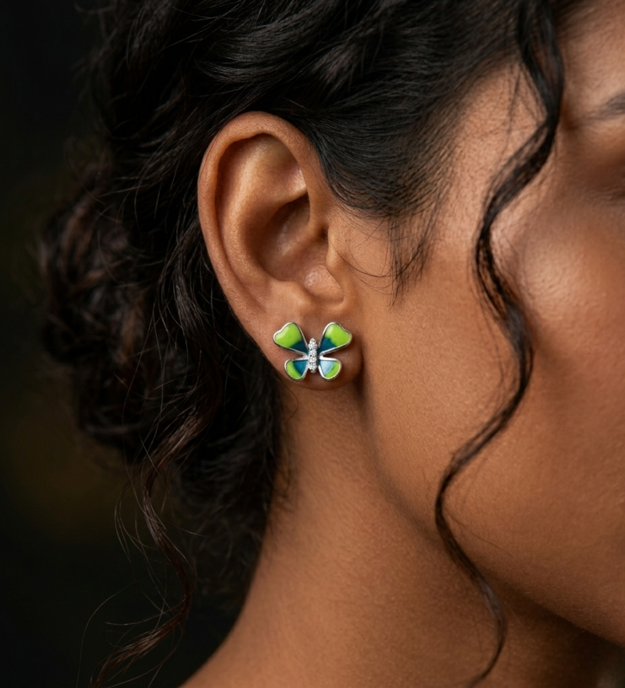 Sterling Silver Vibrant Green and Blue Enamel Butterfly Earrings