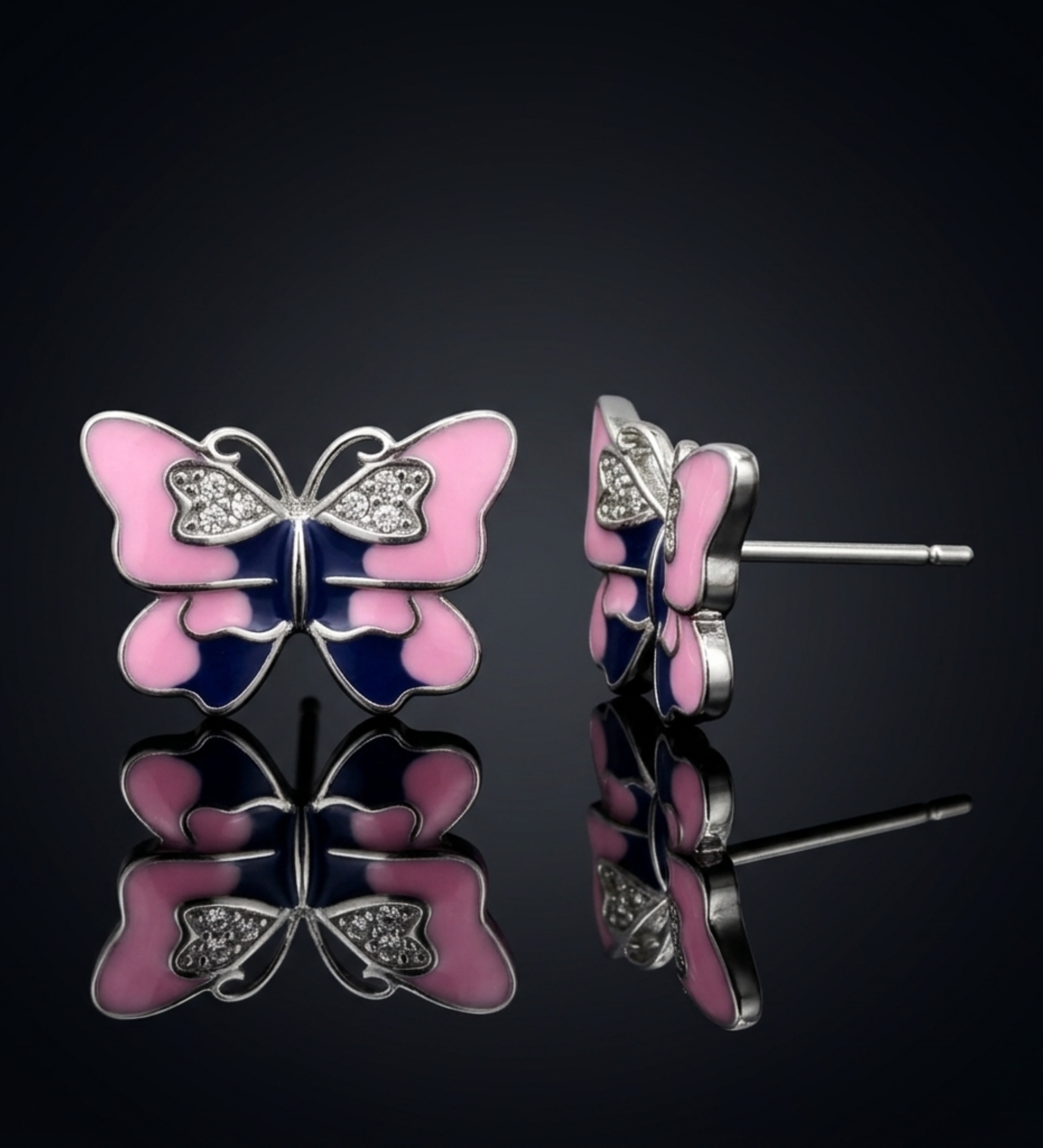 Sterling Silver Sweetheart Pink Enamel Butterfly Earrings
