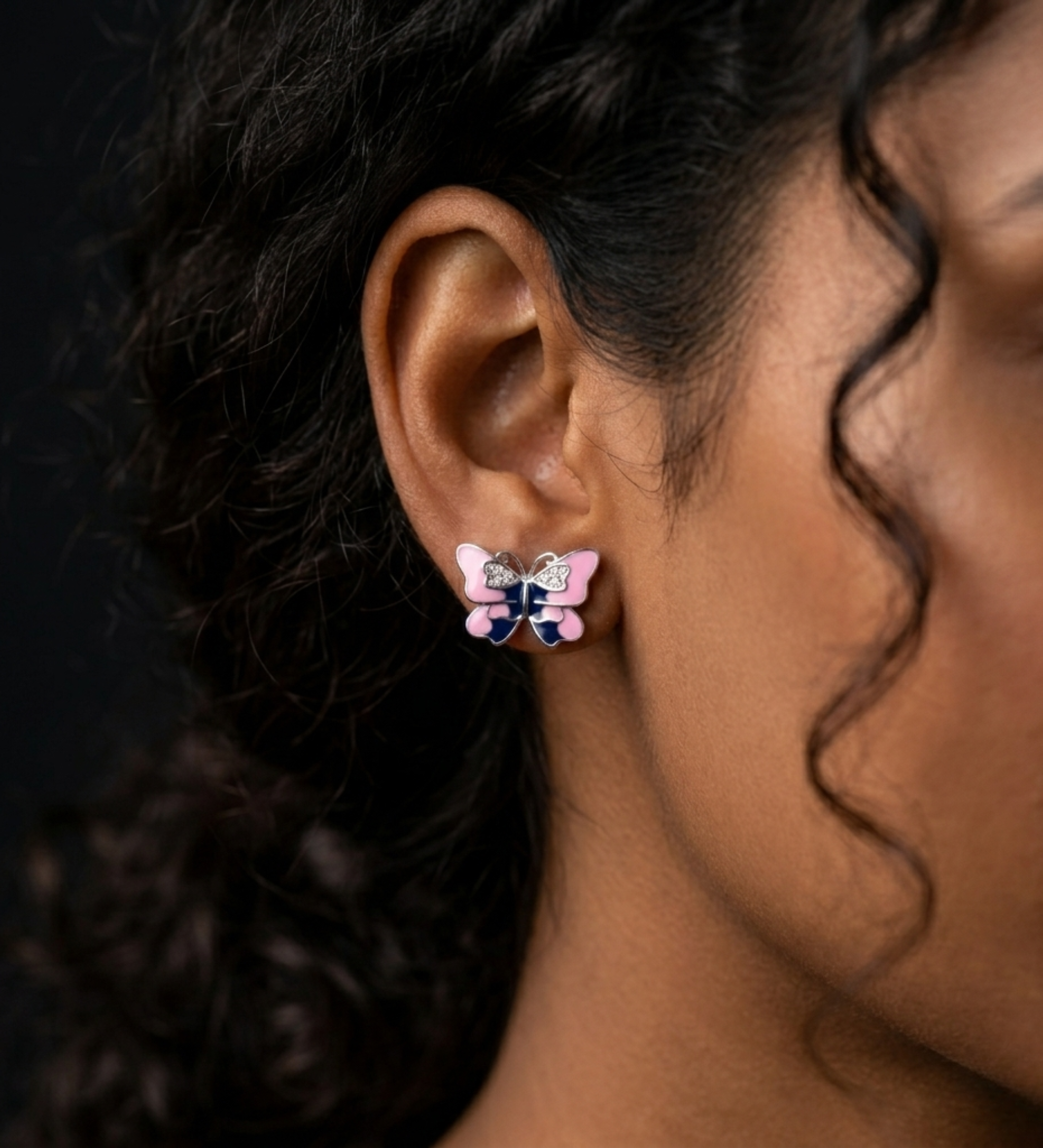 Sterling Silver Sweetheart Pink Enamel Butterfly Earrings