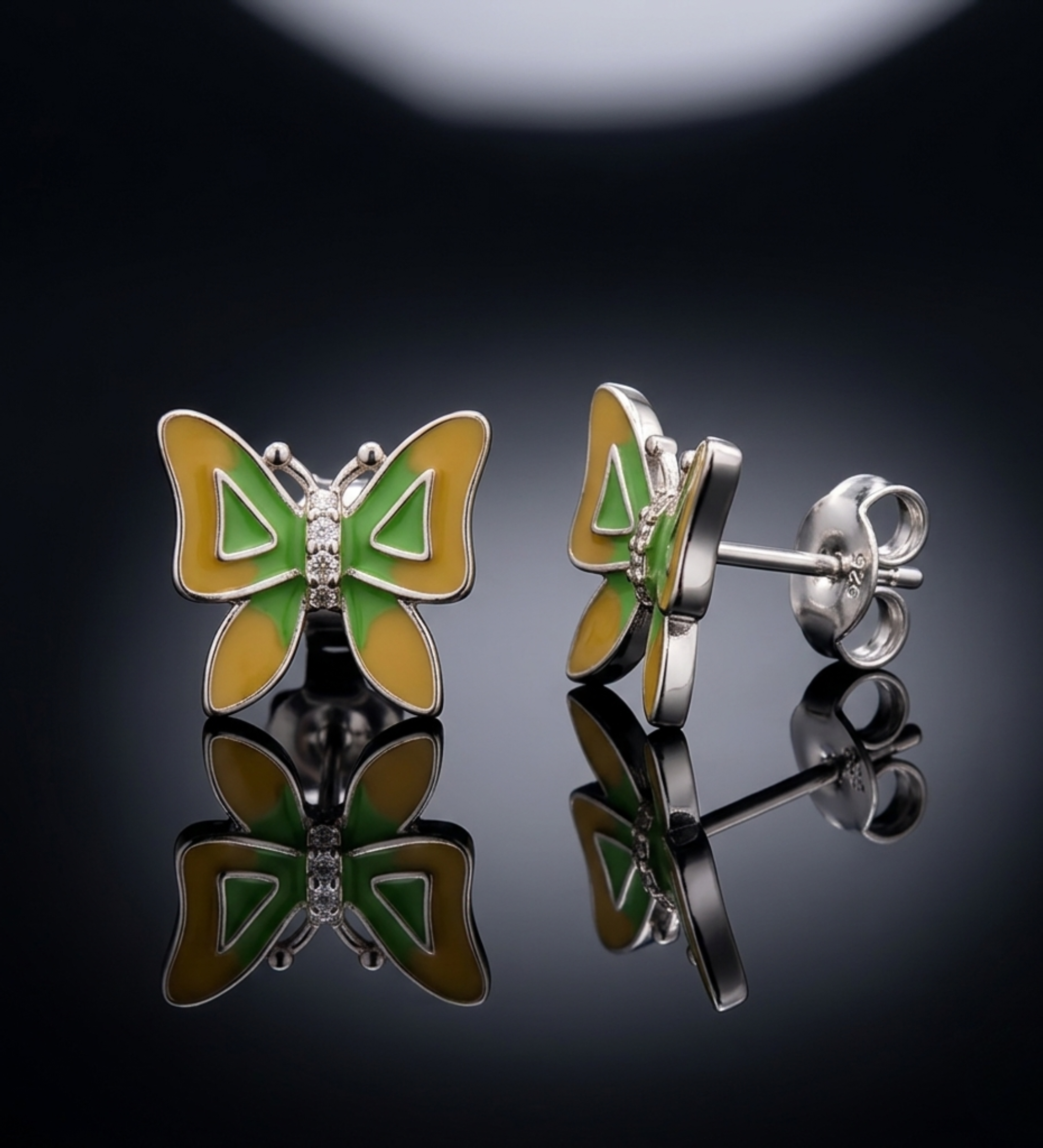 Sterling Silver Yellow and Green Enamel Butterfly Earrings