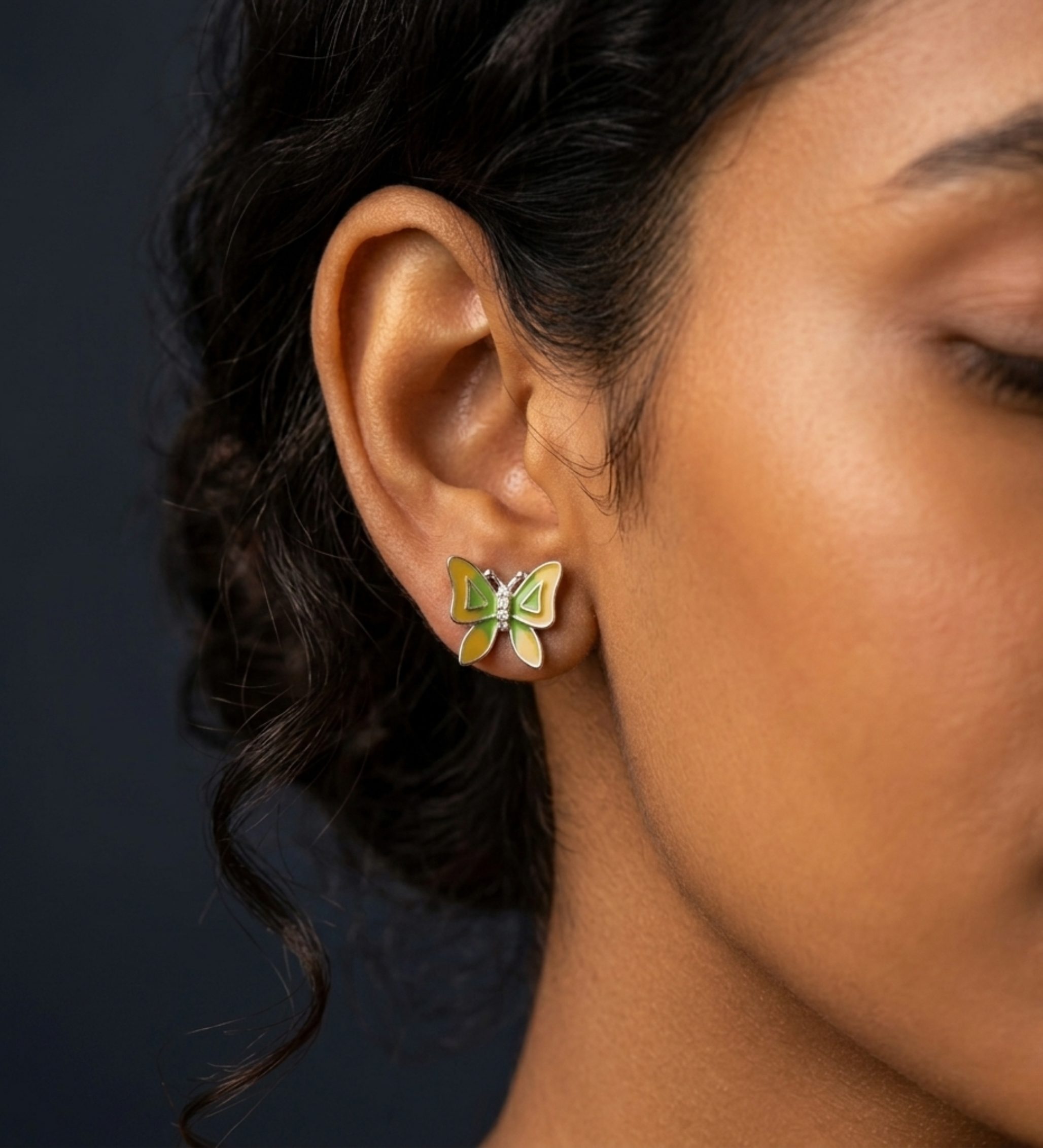 Sterling Silver Yellow and Green Enamel Butterfly Earrings