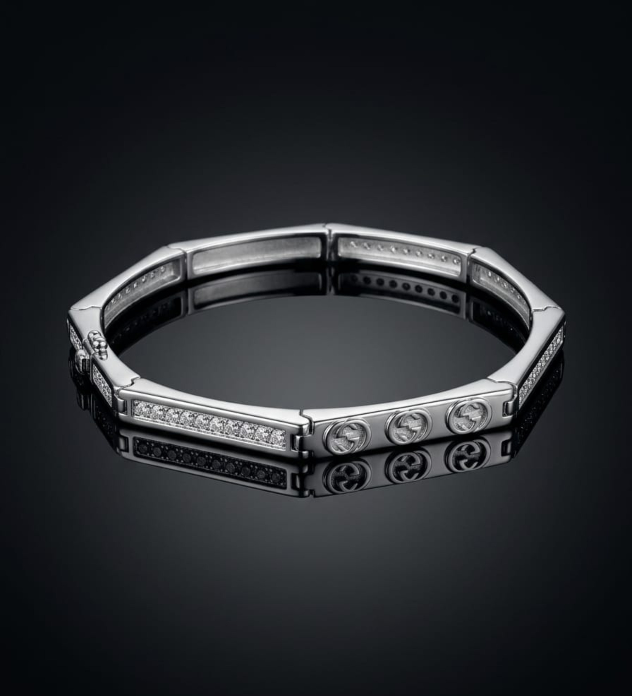 925 Sterling Silver Hexagonal Pave Link Bracelet-S