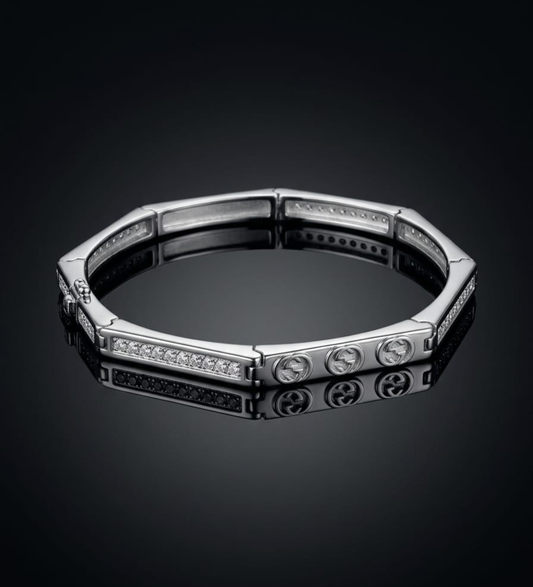 925 Sterling Silver Hexagonal Pave Link Bracelet-S