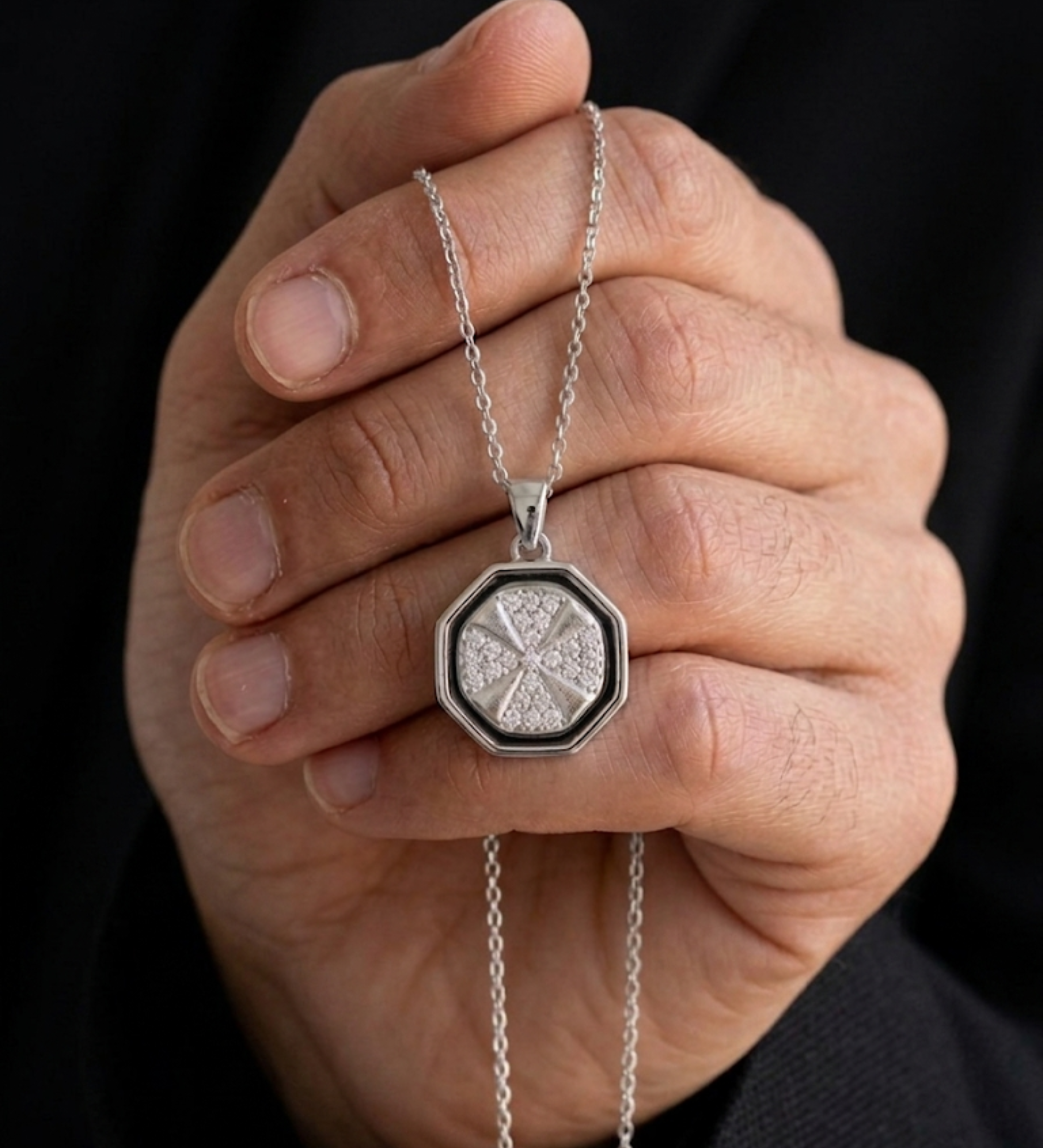 925 Sterling Silver Octagonal Onyx Cross Pendant