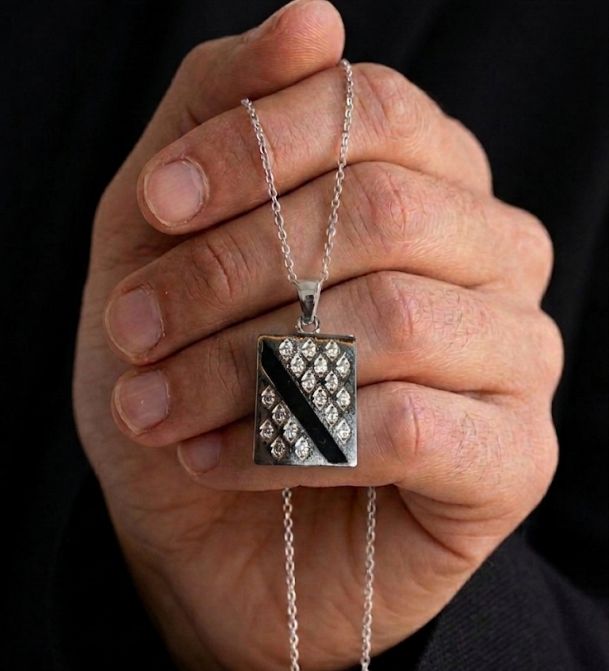 925 Sterling Silver Geometric Onyx & Diamond Accent Pendant