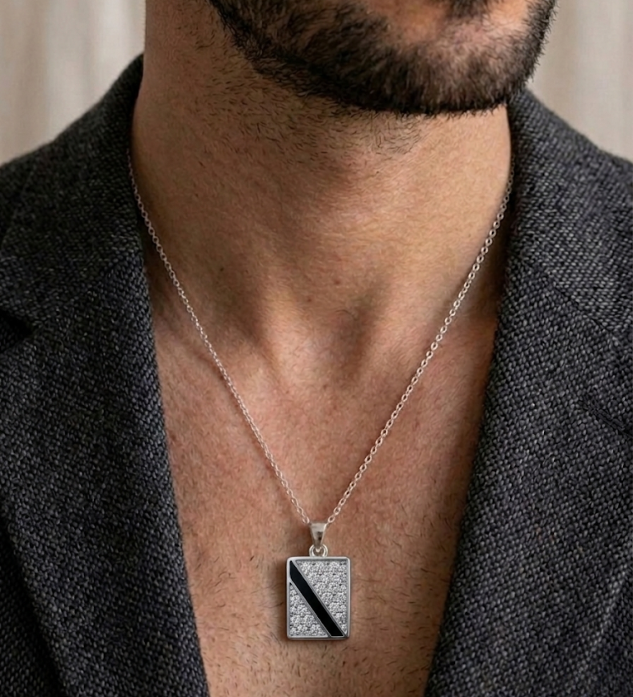 925 Sterling Silver Geometric Onyx & Diamond Accent Pendant