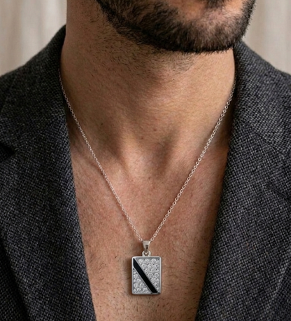 925 Sterling Silver Geometric Onyx & Diamond Accent Pendant