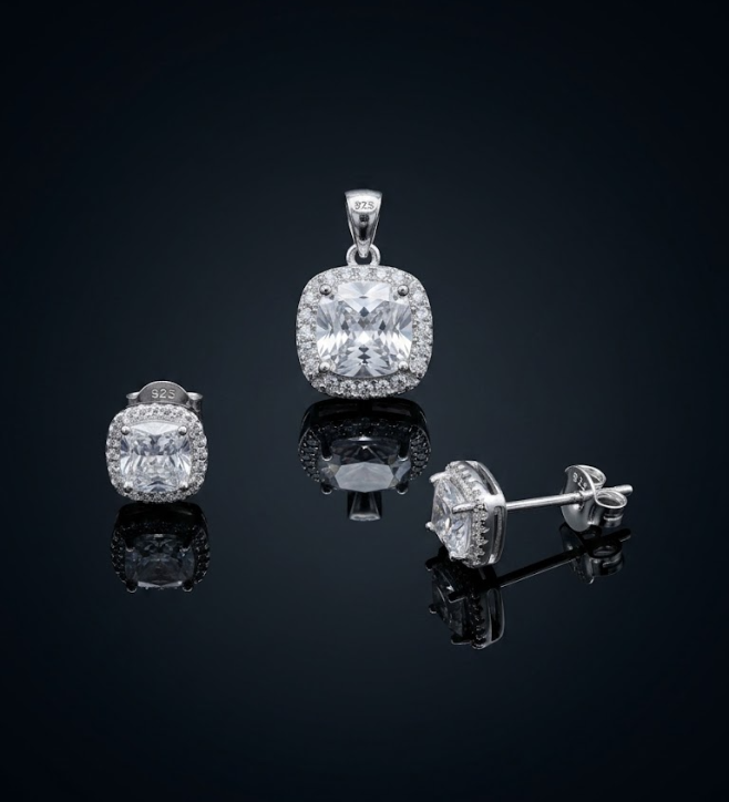 Radiant Cushion Cut Halo 925 Sterling Silver Jewellery Set