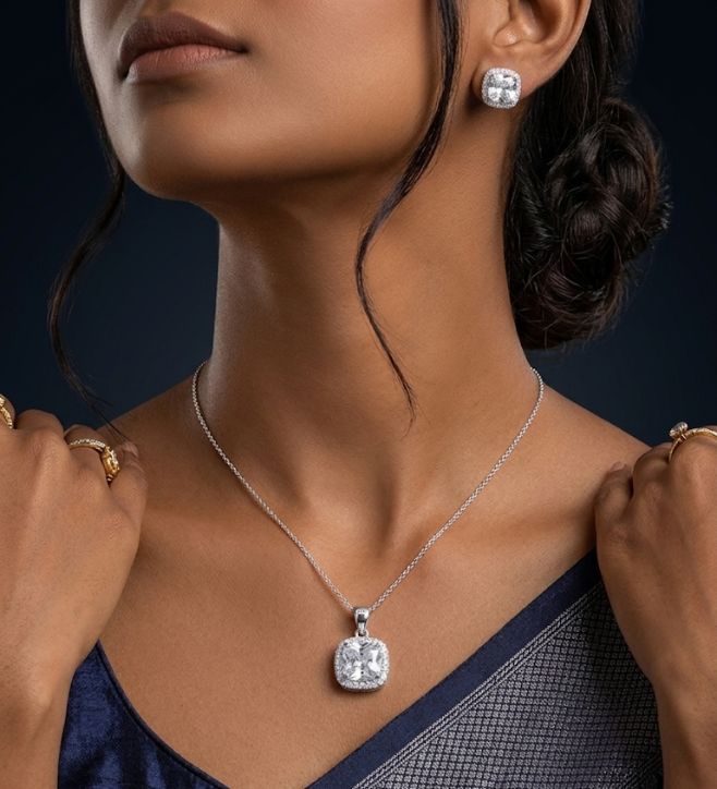 Radiant Cushion Cut Halo 925 Sterling Silver Jewellery Set