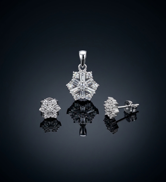 925 Sterling Silver Snowflake Pendant and Earrings Set